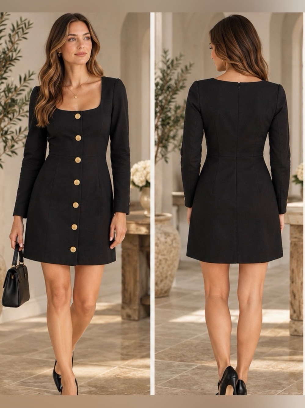 J.Crew Black Gold Button Long-Sleeve Mini Dress – Size 6